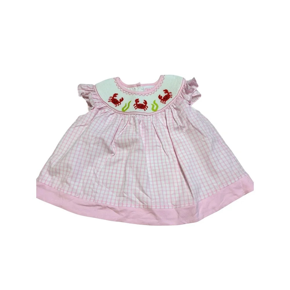 Stitchy Fish Girl Pink Gingham Smocked Crab Bishop Top & Bloomer Set 3T Nautical